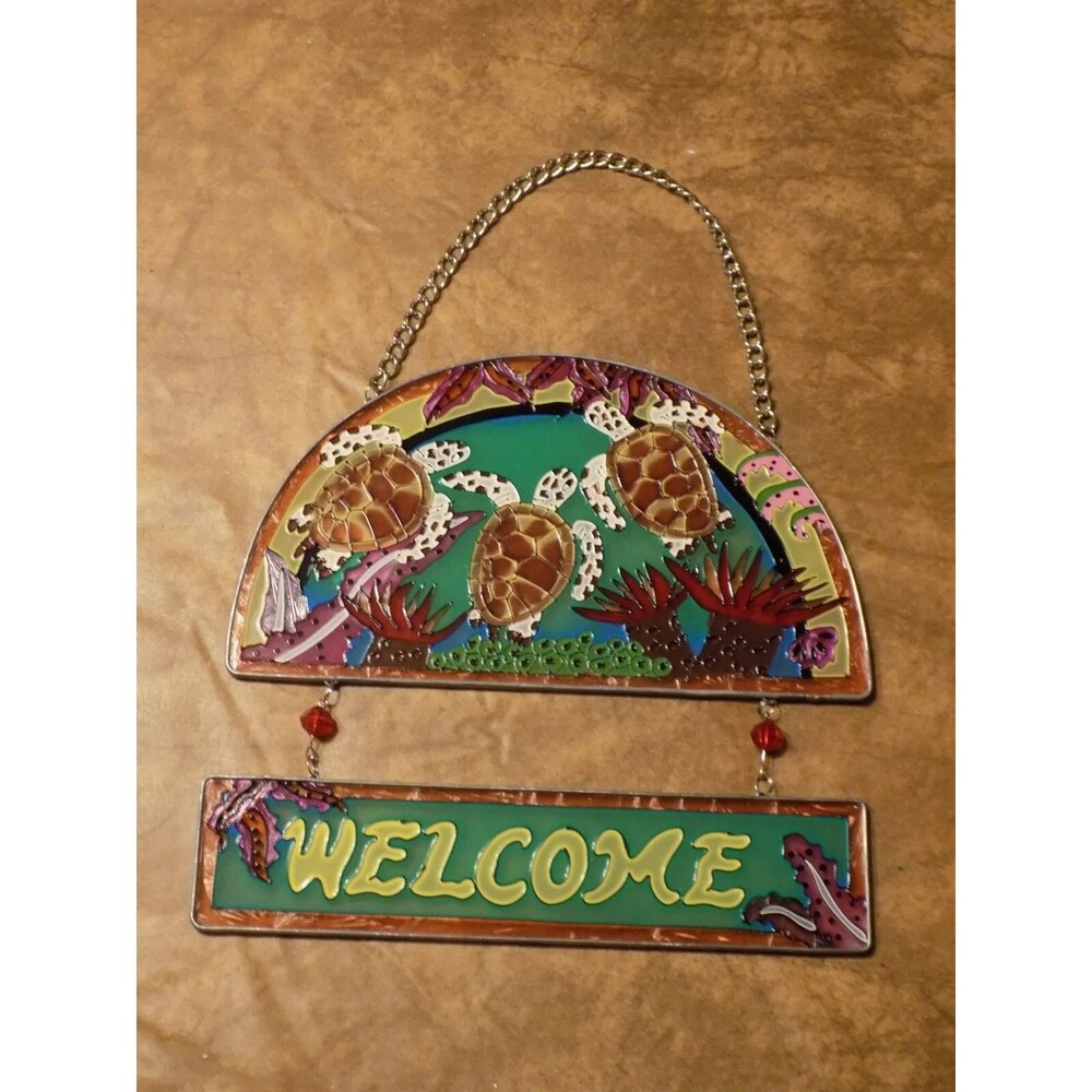 Painted Turtles Sealife Welcome Glass Hanging Suncatcher Window/Wall Decor